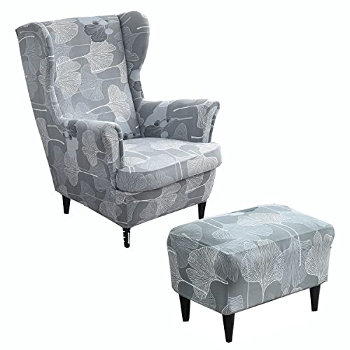 2 Teilig Ohrensessel Überzug Mit Ottomane Schonbezug Stretch Sessel Überwürfe Ohrensesselbezüge Bezug Sesselhusse Tiger Stuhlbezug (Grey,Wing Chair & Ottoman) von SYLC