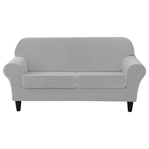 SYLC 3-teiliger Liebessitz Sofabezug 2 Sitzer Mit 2 Separatem Sitzkissenbezug, Stretch Samt Sofaüberwürfe Für Kombisofas Sofahusse Couch Überzug (Light Grey) von SYLC