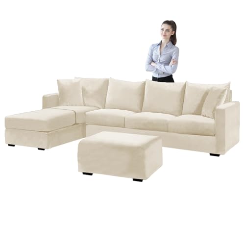SYLC Samt Couch überzug L Form Sofabezug Ecksofa, Sofa Cover L Shape Stretch Mit Sitzkissen Rückenlehne, Universal Sofaüberwurf Waschbar (Beige,Hocker Rectangular) von SYLC