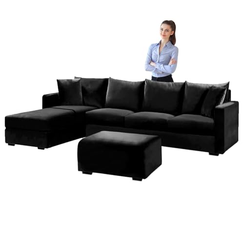 SYLC Samt Couch überzug L Form Sofabezug Ecksofa, Sofa Cover L Shape Stretch Mit Sitzkissen Rückenlehne, Universal Sofaüberwurf Waschbar (Black,Kissen Rectangular-L) von SYLC