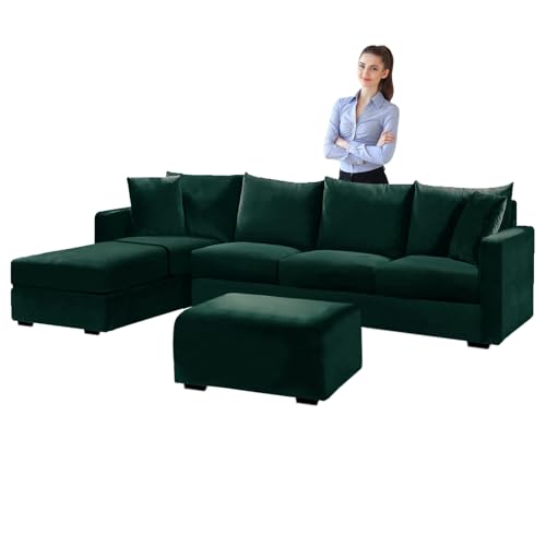 SYLC Samt Couch überzug L Form Sofabezug Ecksofa, Sofa Cover L Shape Stretch Mit Sitzkissen Rückenlehne, Universal Sofaüberwurf Waschbar (Dark Green,Hocker Quadratisch-M) von SYLC