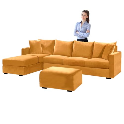 SYLC Samt Couch überzug L Form Sofabezug Ecksofa, Sofa Cover L Shape Stretch Mit Sitzkissen Rückenlehne, Universal Sofaüberwurf Waschbar (Yellow,Hocker Rectangular) von SYLC