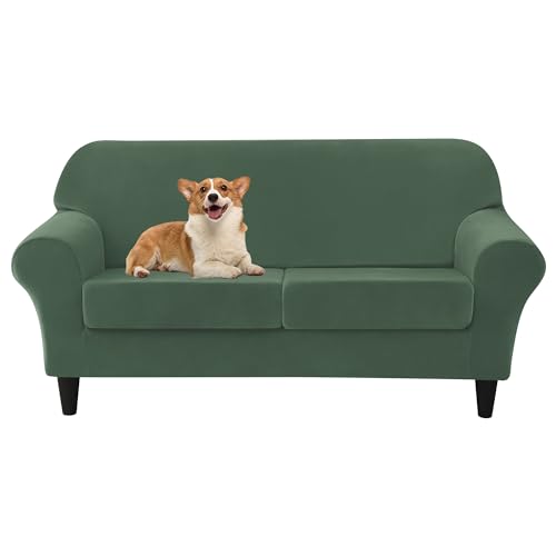 SYLC Sofabezug Mit Separaten Sitzkissenbezug Stretch Samt Bezug Geteilt SofaÜberwürfe Anti-Rutsch Kombiniert Sofahusse Couch Überzug (Avocado,Sofa+2 Large Seats) von SYLC