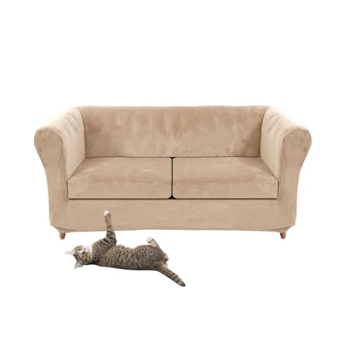 SYLC Stretch Samt Chesterfield Sofabezüge, Couch Abdeckung Mit Sitzkissenbezug Sofa Überwürfe Für Gebogene Settee Sessel Vintage Style (Khaki,Love+2 Small Seats) von SYLC