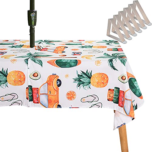 SYLC Tischdecke Mit Loch Für Sonnenschirm/Regenschirm, Outdoor Picknick Tischdecke Wasserdicht, Tischtuch Mit Reißverschluss Tischwäsche (213 × 153 cm,Ananas) von SYLC