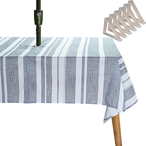 SYLC Tischdecke Mit Loch Für Sonnenschirm/Regenschirm, Outdoor Picknick Tischdecke Wasserdicht, Tischtuch Mit Reißverschluss Tischwäsche (213 × 153 cm,Blaue Streifen) von SYLC