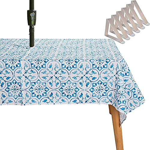 SYLC Tischdecke Mit Loch Für Sonnenschirm/Regenschirm, Outdoor Picknick Tischdecke Wasserdicht, Tischtuch Mit Reißverschluss Tischwäsche (213 × 153 cm,Blaues Gitter) von SYLC