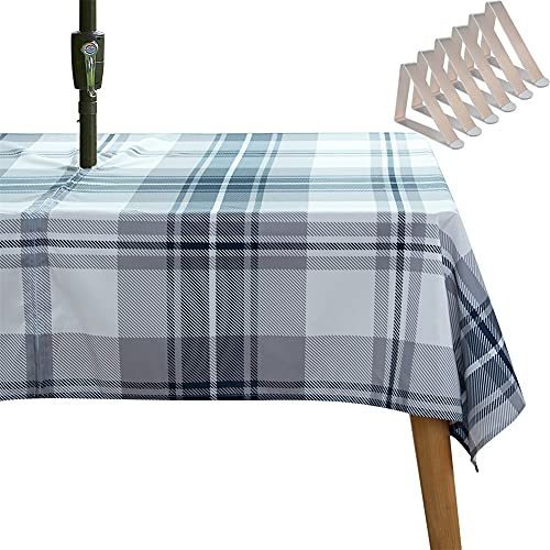 SYLC Tischdecke Mit Loch Für Sonnenschirm/Regenschirm, Outdoor Picknick Tischdecke Wasserdicht, Tischtuch Mit Reißverschluss Tischwäsche (213 × 153 cm,Navy Gitter) von SYLC
