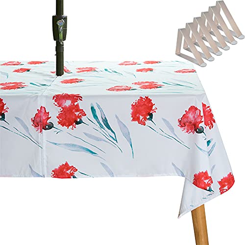 SYLC Tischdecke Mit Loch Für Sonnenschirm/Regenschirm, Outdoor Picknick Tischdecke Wasserdicht, Tischtuch Mit Reißverschluss Tischwäsche (213 × 153 cm,Rote Blumen) von SYLC