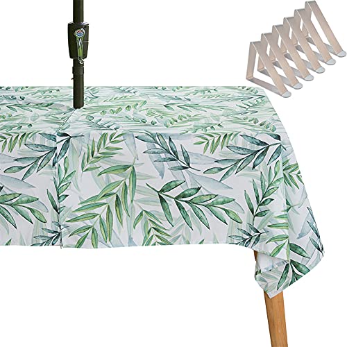 SYLC Tischdecke Mit Loch Für Sonnenschirm/Regenschirm, Outdoor Picknick Tischdecke Wasserdicht, Tischtuch Mit Reißverschluss Tischwäsche (259 × 153 cm,Blätter) von SYLC