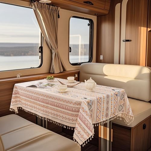 SYLC Wasserabweisend Leinen Tischdecke Für Wohnwagen, Rechteckig Gartentischdecke Wetterfest Für Draußen, Tischtuch Mit 6 Clips rutschfest (Printed 12,90 cm × 90 cm) von SYLC