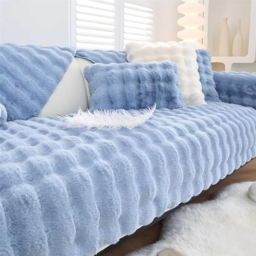 Samt Sofabezug 1 2 3 4 Sitzer Sofaüberwurfe Anti-rutsch, Couchbezug L Form Kaninchen Pelzig Weicher, Sofaschoner Für Hunde Katze Überwurfdecke (Blau,B 70cm×L 150cm) von SYLC