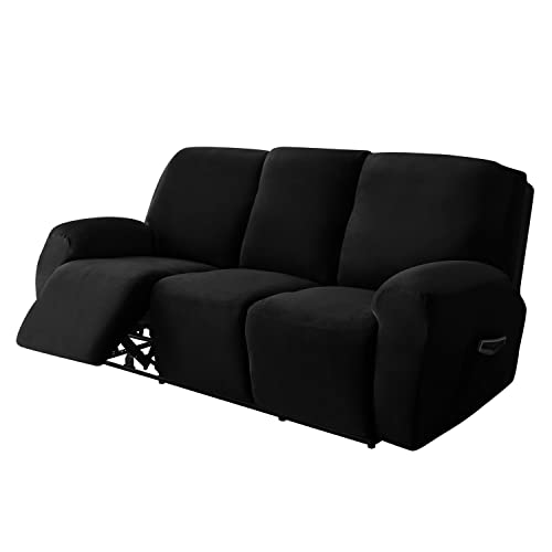 Sofabezug, Stretch-Samt, mit Liegefunktion, Schonbezug für 1-, 2-, 3-Sitzer-Sessel, Liegestuhl, Schwarz, 3-Sitzer (8 Stück) von SYLC