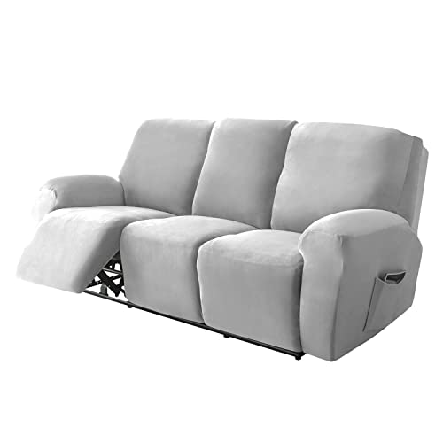 Sofabezug, Stretch-Samt, mit Liegefunktion, Schonbezug für 1-, 2- und 3-Sitzer-Sessel (Hellgrau, 3-Sitzer (8 Stück) von SYLC
