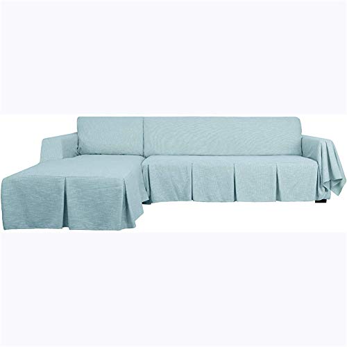 Sofabezug L-Form Couchbezug 2-teilig Leinen, Sofaschonbezug mit Rüschen dick (blau, 3-Sitzer rechts Chaise) von SYLC