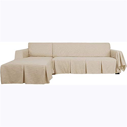 Sofabezug L-Form Couchbezug 2-teilig Leinen Sofa Schonbezug mit Rüschen Verdicken Khaki 3-Sitzer rechts Chaise von SYLC