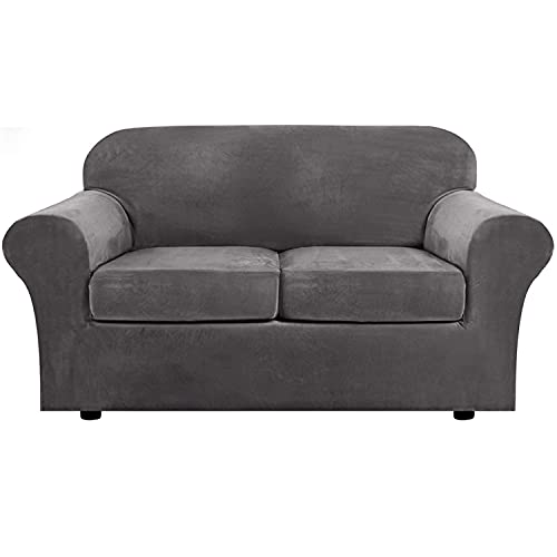 Sofabezug Stretch Loveseat Sofa Schonbezug 2-Sitzer mit 2 separaten Kissenbezügen Samt Couchbezug 3-teilig Luxuriös (Grau) von SYLC