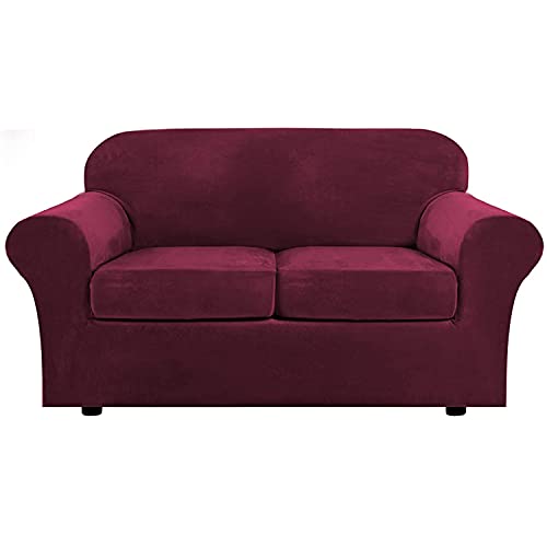Sofabezug Stretch Loveseat Sofa Schonbezug 2-Sitzer mit 2 separaten Kissenbezügen Samt Couchbezug 3-teilig Luxuriös (Rotwein) von SYLC