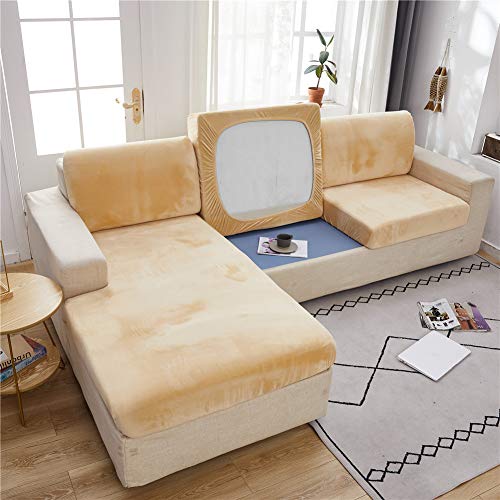 Sofa-Sitzkissenbezüge Samt, Sofakissen-Schonbezüge Ersatz, Couch-Kissenbezüge, dicker Stretch für einzelne Kissen (Creme, 1-Sitzer) von SYLC