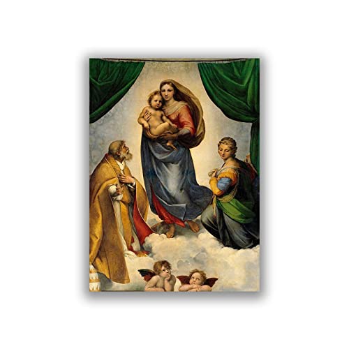 „Die Sixtinische Madonna“ von Raffael –Religiöse Gemälde Reproduktions druck auf Leinwand Leinwand Wandkunstbild für Wohnzimmerdekoration 60 x 90 cm Rahmenlos von SYLJ