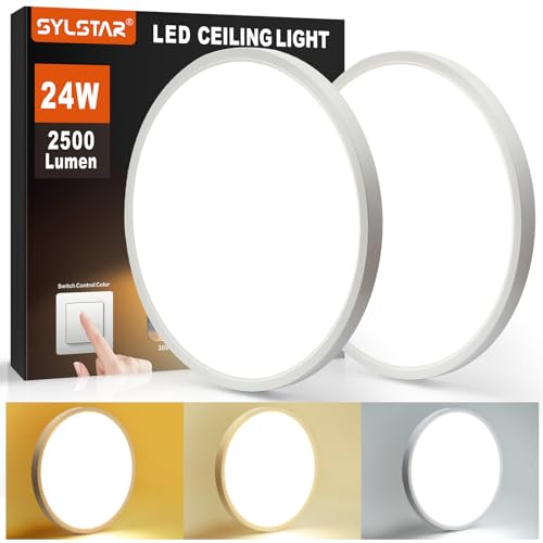 SYLSTAR LED Deckenleuchte, 2Stück 24W 2500LM Ultra Dünn Deckenlampe 3000/4000/6000K 3Farben per Wandschalter Wechselbar, Rund Deckenleuchten IP44 für Badezimmer Schlafzimmer Wohnzimmer Küche, Ø30cm von SYLSTAR