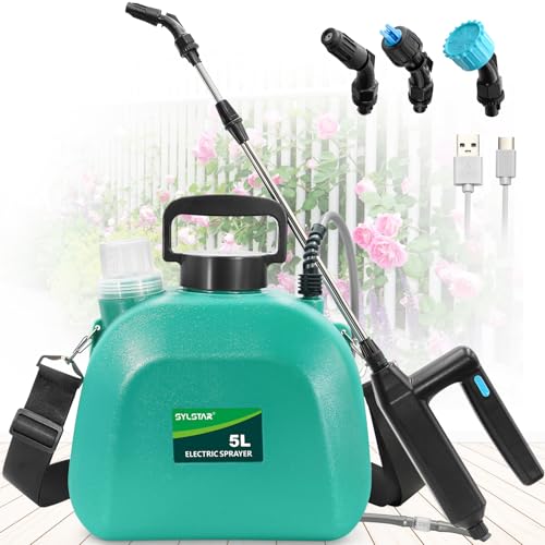 SYLSTAR Drucksprüher 5 Liter, Elektrischer Pflanzensprüher mit 3 Nebeldüsen, USB-aufladbarem Griff und Teleskopstab, Gartenspritze, Unkrautspritze & Wassersprüher mit Verstellbarem Schultergurt (Grün) von SYLSTAR