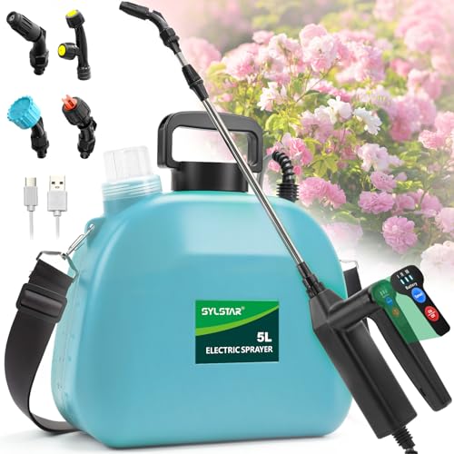 SYLSTAR Drucksprüher 5 Liter, Elektrischer Pflanzensprüher mit 3 Nebeldüsen, USB-aufladbarem Griff und Teleskopstab, Gartenspritze, Unkrautspritze & Wassersprüher mit Verstellbarem Schultergurt (Neue) von SYLSTAR