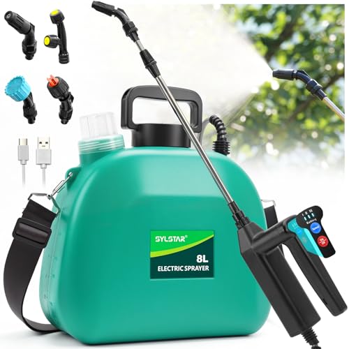 SYLSTAR Drucksprüher 8L, 7.4V Stärkerer Elektrischer Pflanzensprüher mit 4 Verstellbaren Düsen,3 Sprühgeschwindigkeiten und 60cm Teleskopstab Akku Drucksprüher für Gartenspritze, Unkrautspritze SYLSTAR Drucksprüher 8L, 7.4V Stärkerer Elektrischer Pflanzensprüher mit 4 Verstellbaren Düsen,3 Sprühgeschwindigkeiten und 60cm Teleskopstab Akku Drucksprüher für Gartenspritze, Unkrautspritze von SYLSTAR