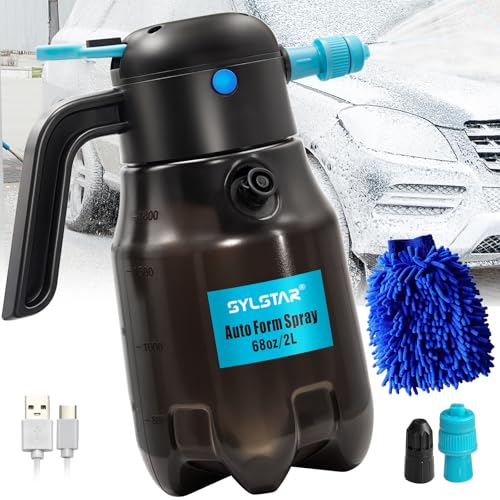 SYLSTAR Elektrisch Schaumsprüher, 2L Schaumpistole Autowäsche mit 60PSI Leistungsstarkem Akku und 2 Düsen für Auto Waschen, Schaumsprüher Auto für Autodetailing, Autoreinigung von SYLSTAR