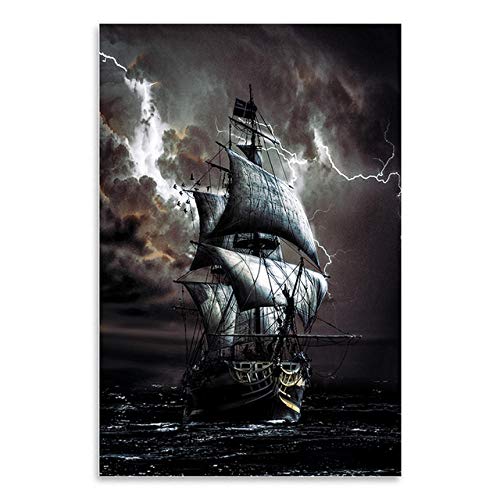 SYLZBHD Piratenschiff Ölgemälde Schwarz Segelschiff auf Leinwand Meer Retro Poster Büro Wohnzimmer Home Decoration Schiff Wandbild 60x90cm Kein Rahmen von SYLZBHD