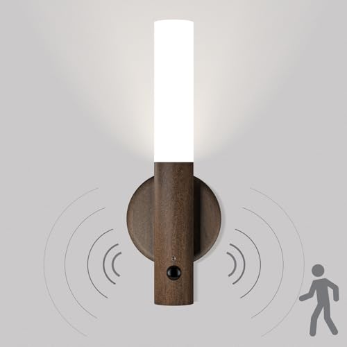 SYMYNELEC Akku Wandleuchte Holz mit Bewegungsmelder, USB Kabellose Wandlampe Innen ohne Stromanschluss, Warmweiß Magnetische Nachtlicht ohne Bohren für Flur Treppen Schlafzimmer (Dunkles Holz) von SYMYNELEC