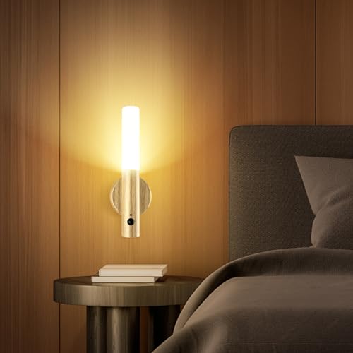 SYMYNELEC Nachtlicht mit Bewegungsmelder, Kabellose Wandleuchte Akku Innen ohne Stromanschluss Holz, Magnetische Nachtlicht Batterie ohne Bohren für Flur Treppen Schlafzimmer Warmweiß (Klares Holz) von SYMYNELEC