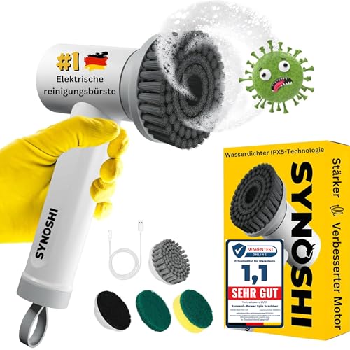 SYNOSHI | Elektrische Reinigungsbürste, Power Spin Scrubber, Reinigungsgerät mit 3 Sustauschbaren Reinigungsköpfen, Drehschrubber 2 Geschwindigkeiten. Schrubber Für Badezimmern, Duschen, Fliesen von SYNOSHI