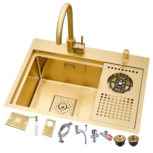 Barspüle mit Tassenwascher, goldenes kleines Waschbecken, Kaffee-Eckspüle, Einzelbecken, Spüle mit Abdeckung, Wohnmobil-Spüle, verstecktes Waschbecken (56 x 38 cm) von SYNSHOP