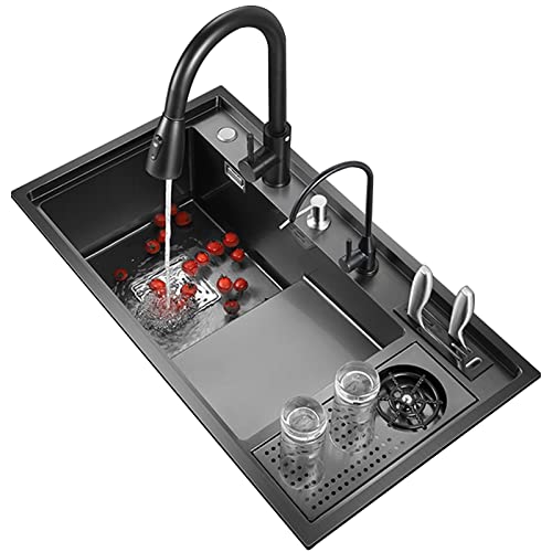 Küchenspüle Mit Tassenwaschmaschine Schwarze Edelstahlspüle Große Stufenspüle Mit Messerhalter Inklusive Wasserhahn Und Zubehör von SYNSHOP