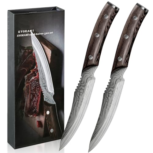 SYOKAMI Steakmesser Set 2 Teilig, 12,2cm Ugezahntes Steakmesser aus japanischem Edelstahl mit hohem Kohlenstoffgehalt und Holzgriff, Damastmuster, Full-Tang-Design, rasiermesserscharfe Tafel von SYOKAMI