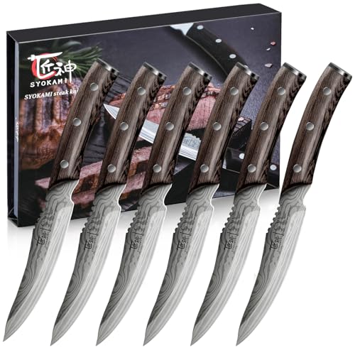 SYOKAMI Steakmesser Set 6 Teilig, 12,2cm Ugezahntes Steakmesser aus japanischem Edelstahl mit hohem Kohlenstoffgehalt und Holzgriff, Damastmuster, Full-Tang-Design, Rasiermesserscharfe Tafel von SYOKAMI