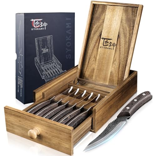SYOKAMI Steakmesser Set 6 Teilig mit Schubladen Organizer, 12,2 cm Hochkohlenstoff Japanischer Edelstahl Fleischmesser ohne Wellenschliff mit Holzgriff Damastmuster, Razor-Sharp Dinner Knives SYOKAMI Steakmesser Set 6 Teilig mit Schubladen Organizer, 12,2 cm Hochkohlenstoff Japanischer Edelstahl Fleischmesser ohne Wellenschliff mit Holzgriff Damastmuster, Razor-Sharp Dinner Knives von SYOKAMI