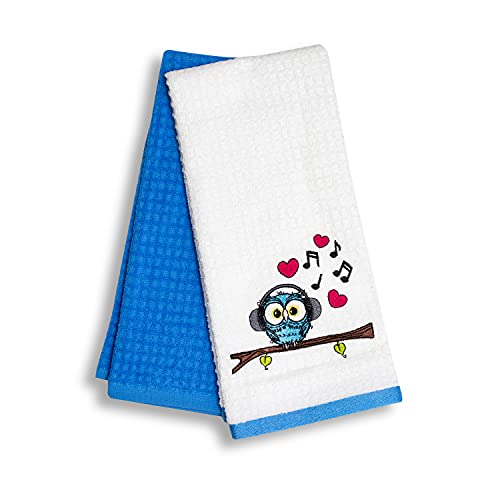 SYS Online Geschirrtücher Baumwolle 2er Pack, Waffelpique Stoff Handtücher Set, Oeko-tex® Hochwertige Geschirrtücher mit Motiv, 100% Baumwolle, Blaue Eule - Blue Owl, 60x40cm (Blau - Weiß) von SYS ONLINE Qualitative Heimtextilien