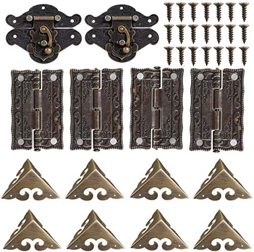 2 Sets Holzkoffer Truhe Box Hasp Riegelschloss Retro Dekorative Scharniere und Box Eckenschutz mit Schrauben von SYSOON