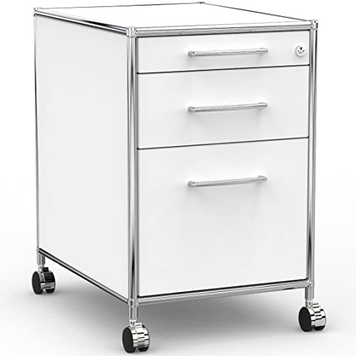 SYSTEM8X Rollcontainer 60cm mit 1 Materialschublade, 1 Schublade und 1 Hängeregistratur aus Holz Chrom in Dekor Weiss auf Rollen für weichen Boden von SYSTEM8X