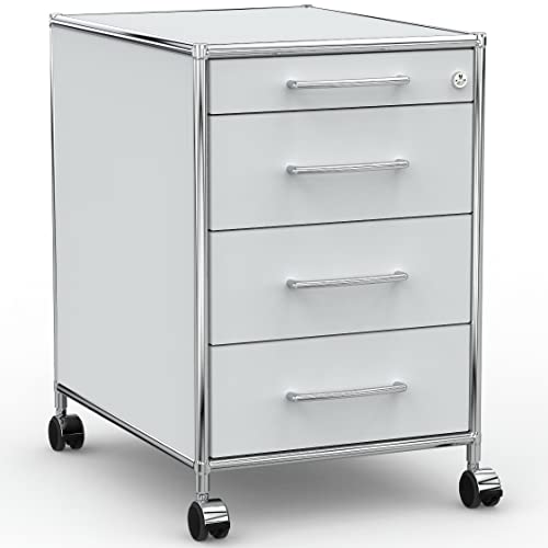 SYSTEM8X Rollcontainer 60cm mit 1 Materialschublade und 3 Schubladen aus Holz Chrom in Dekor Lichtgrau auf Rollen für harten Boden von SYSTEM8X