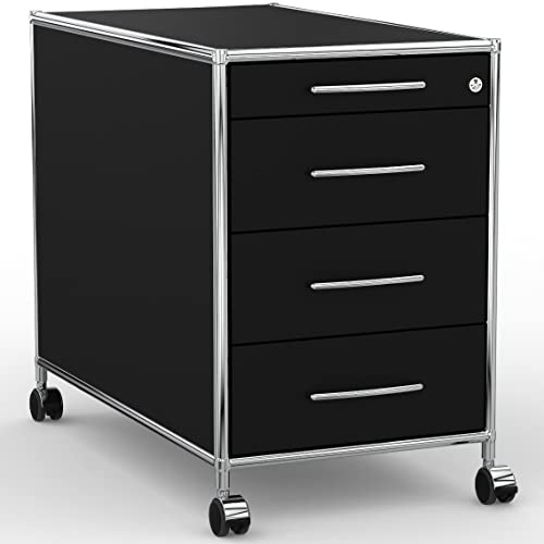SYSTEM8X Rollcontainer 80cm mit 1 Materialschublade und 3 Schubladen aus Holz Chrom in Dekor Schwarz auf Rollen für harten Boden von SYSTEM8X