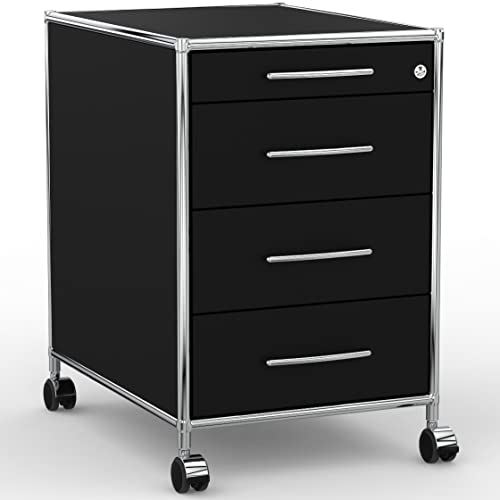 SYSTEM8X Rollcontainer 60cm mit 1 Materialschublade und 3 Schubladen aus Holz Chrom in Dekor Schwarz auf Rollen für harten Boden von SYSTEM8X
