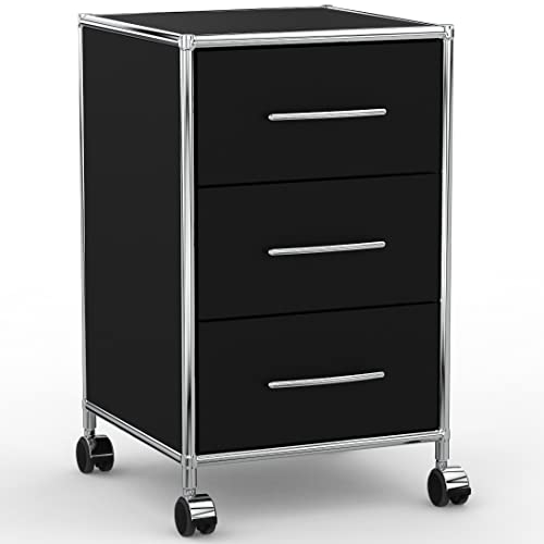 System8X Rollcontainer 40cm mit 3 Schubladen aus Holz Chrom in Dekor Schwarz auf Rollen für harten Boden - Für Büro und Home-Office von SYSTEM8X