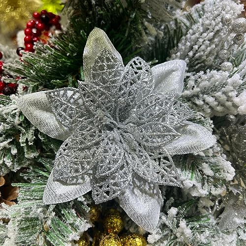 20 Stück Weihnachtsdekoration Blumen, 12cm Weihnachten Glitzer Weihnachtsstern Blumen Kunstblumen Poinsettia Christbaumschmuck für Kranz Weihnachtskranz Geschenkverpackung -Silber von SYSUII