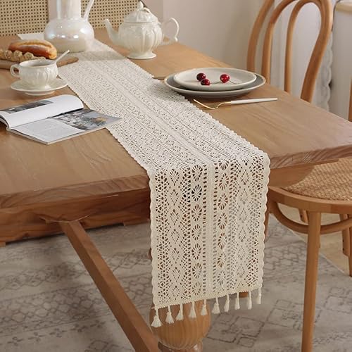 24*100cm Beige Makramee Tischläufer mit Quasten Boho Deko Rechteckige Häkelspitze Mesh Tischdecke für Rustikale Boho Hochzeit Dekor Braut & Baby Küche Vintage Bauernhaus Tabletop Dekor Picknick von SYSUII