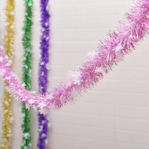 4 Stück x 3m Weihnachtsbaum Lametta Dekoration Girlande,Metallisch Lametta Girlande Christbaumschmuck Lametta Dekoration für Weihnachtsbaum Weihnachtsfeier Geburtstagsparty -Schneeflocke rosa von SYSUII