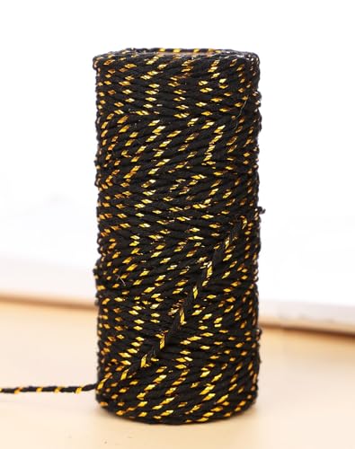 50m Schwarz Gold Bindfäden, 1.5mm Bäcker Bindfäden Baumwolle Handwerk Bindfäden Bastelschnur Dekokordel Schnur Baumwollschnur Perfekt für DIY Handwerk, Geschenke Verpacken, Weihnachts Dekoration von SYSUII