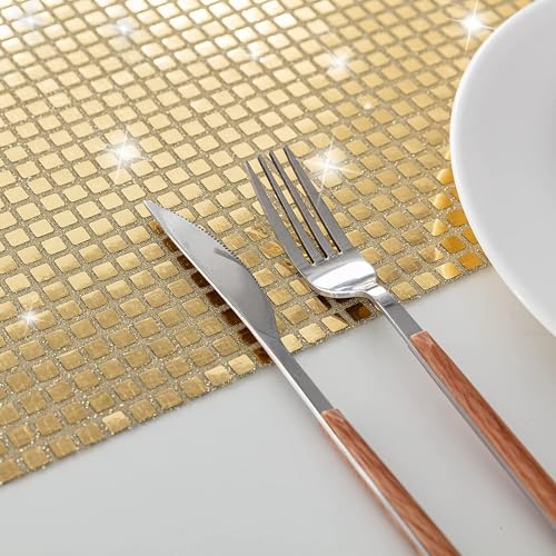 Glitzer Pailletten Platzsets 6 Stück 70er-Jahre Disco Tischset hitzebeständige rutschfeste Pailletten Platzsets Tischdekoration für Weihnachten Hochzeit Party Zuhause Küche 30 * 45cm -Gold von SYSUII